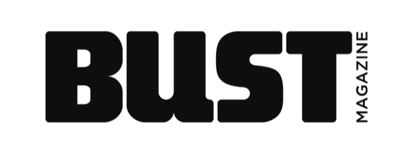 Black text that says "BUST MAGAZINE" on a white background.