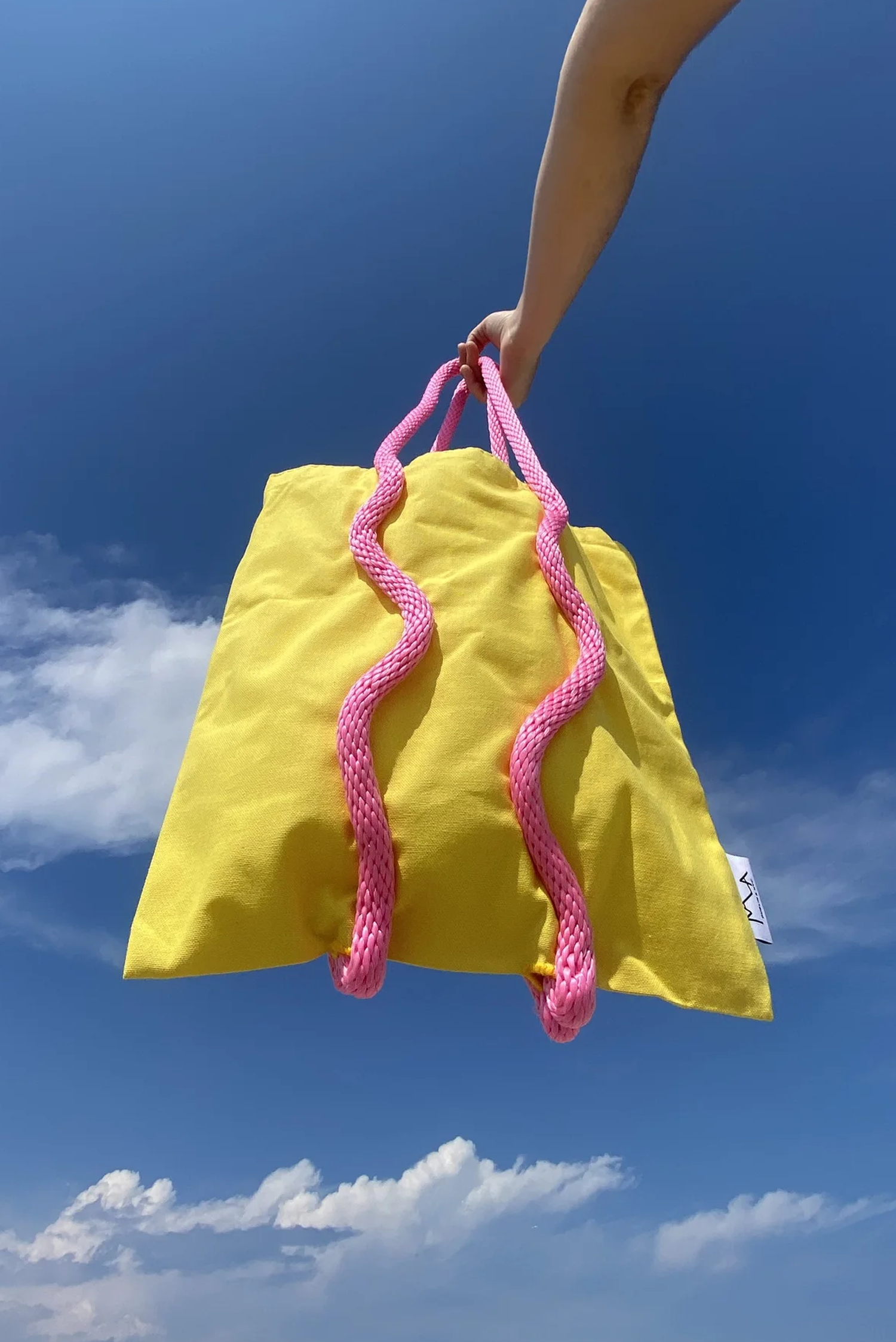 A person holding a yellow bag with pink rope handles outdoors against a blue sky with clouds.