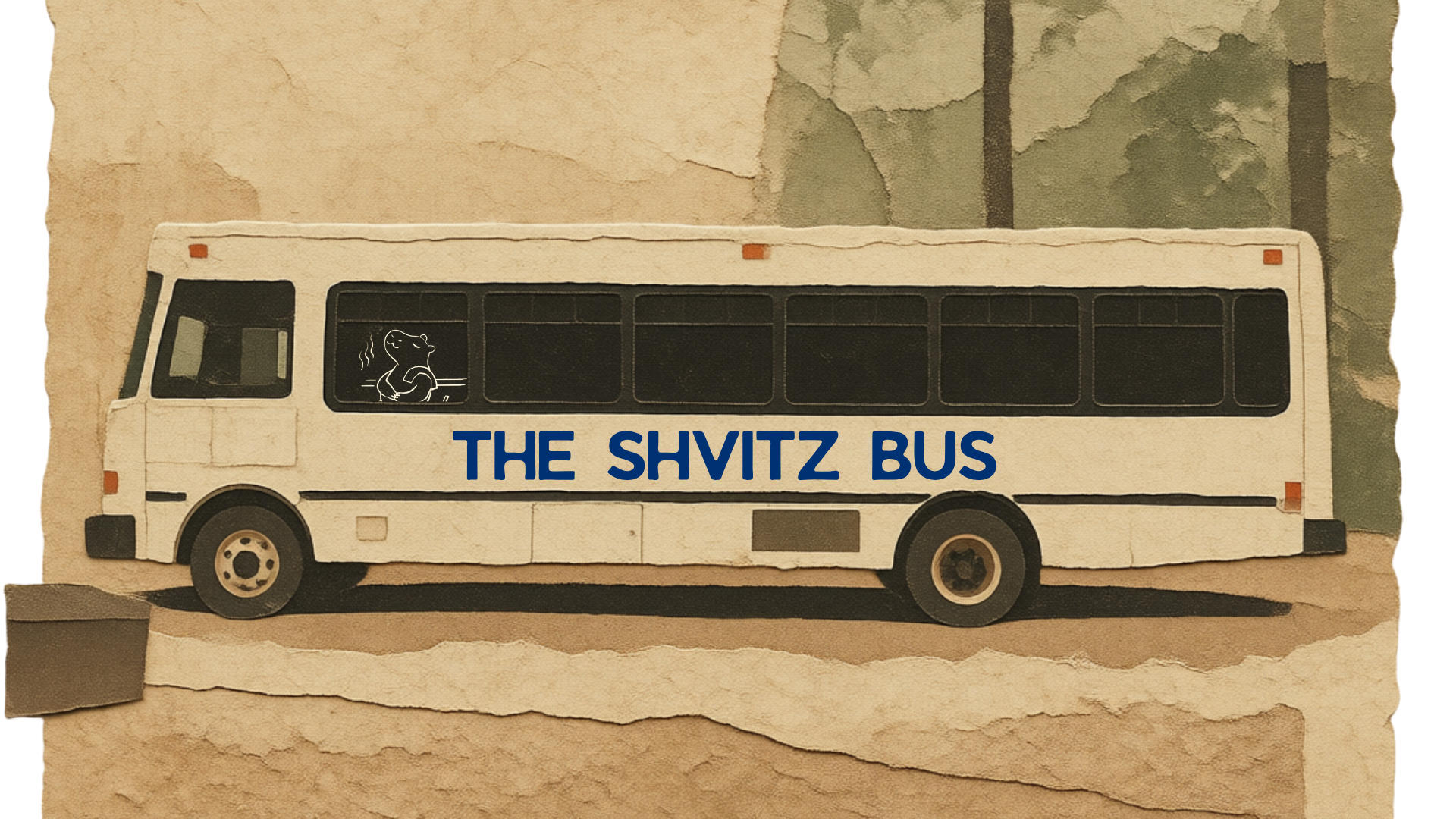 A paper cutout of a bus with a capybara sticker in the driver’s seat and the text "THE SHVITZ BUS" on the side, set against a textured background.
