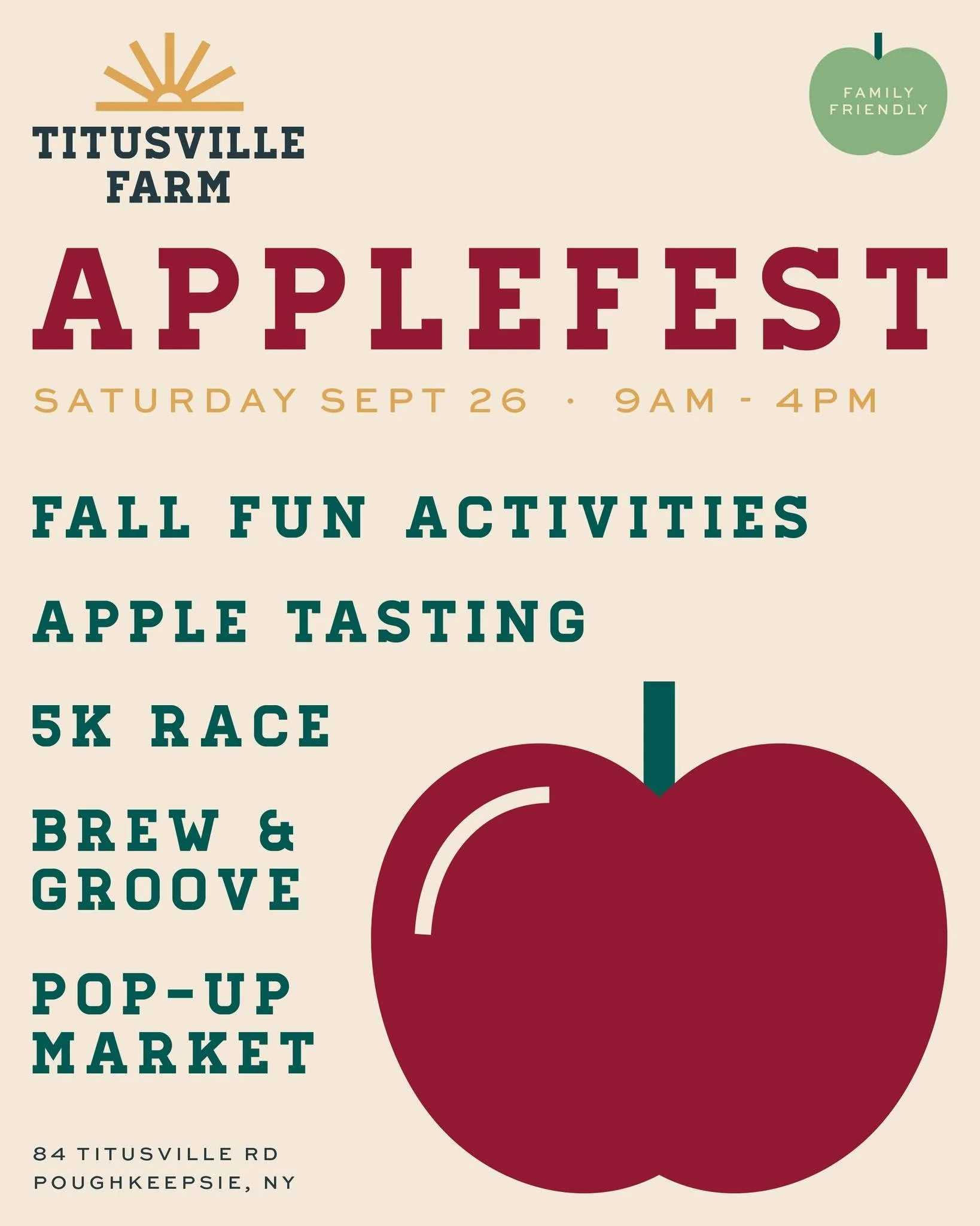 Event poster for Titusville Farm's Apple Fest on Saturday, September 26, from 9 AM to 4 PM featuring fall activities, apple tasting, 5K race, brew and groovy, pop-up market, with a large image of a red apple.