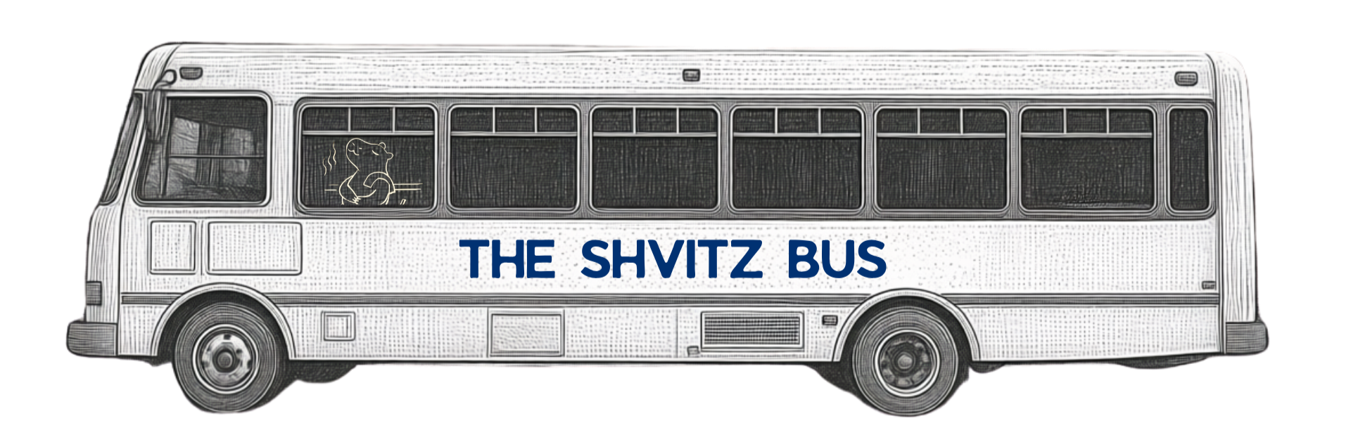 Black and white illustration of a bus with the text "THE SHVITZ BUS" on its side, a cartoon capybara in the front window.