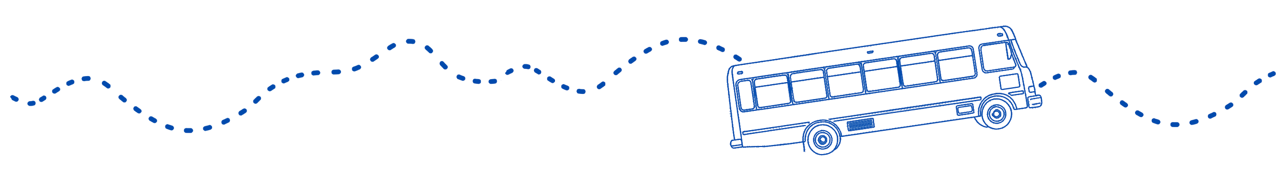 Blue outline of a bus on a dotted line, resembling a road or path.