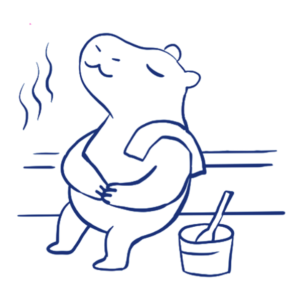 Line drawing of a capybara sitting in a sauna with steam rising and a happy, serene expression on its face, with a towel over it's shoulder and a bucket of water on the floor next to its feet.