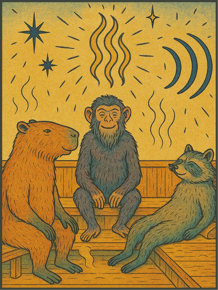 Illustration of a capybara, monkey, and raccoon, sitting on wooden benches in a sauna, with steam rising above them and stars in the background.