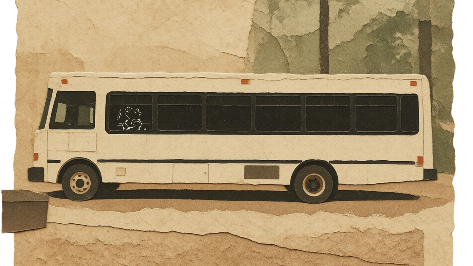 A vintage paper-style illustration of a white bus with a cartoon capybara sticker on the window, set against a textured beige background with trees in the distance.