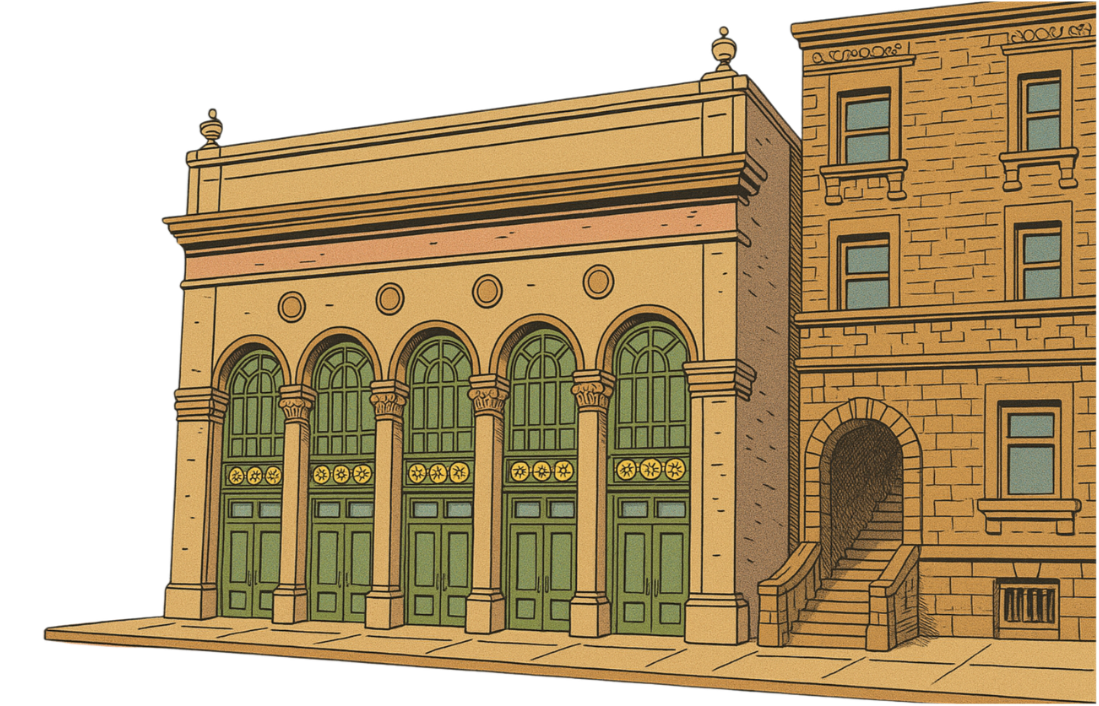 Illustration of a historic building with ornate green doors, arched windows, decorative columns, and brick walls, with a staircase leading to a side entrance.