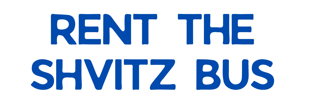 Text in blue and black font that says "Rent the Shvitz Bus"