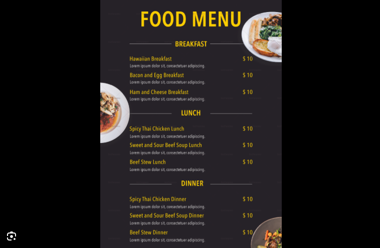 Food menu with sections for breakfast, lunch, and dinner, listing dishes such as Hawaiian breakfast, bacon and egg breakfast, ham and cheese breakfast, spicy Thai chicken lunch, sweet and sour beef soup lunch, beef stew lunch, spicy Thai chicken dinner, sweet and sour beef soup dinner, and beef stew dinner, with prices of $10 each.