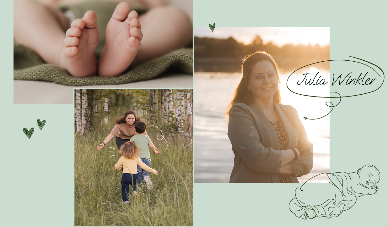 Nahaufnahme von Baby-Füßen auf grünem Stoff, eine Frau mit Brille steht an einem Fluss im Sonnenuntergang, lächelnd, mit den Worten "Julia Winkler" und einer Babyzeichnung auf grünem Hintergrund, zwei Kinder laufen mit einer Frau im Wald.