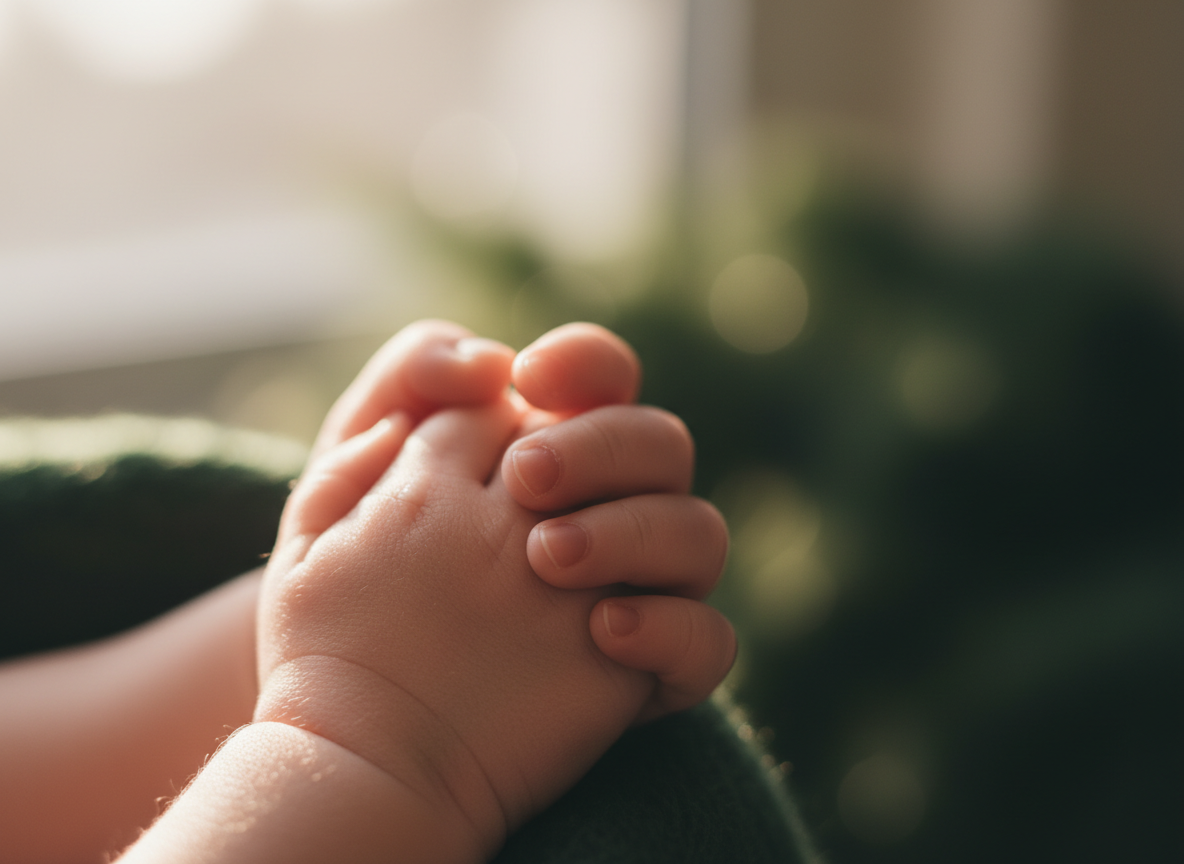 Nahaufnahme von kleinen Kinderhänden, die sich halten.