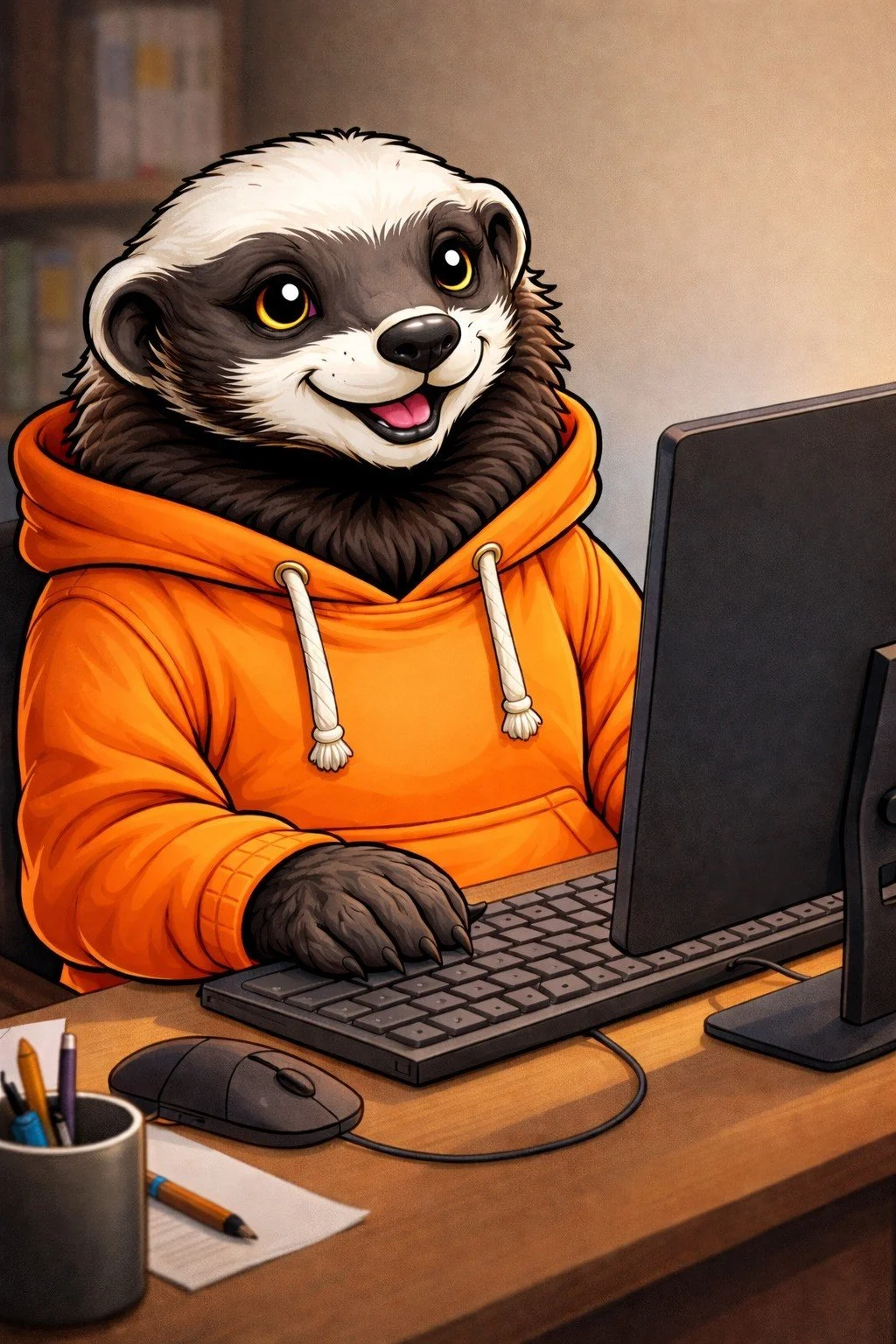 An anthropomorphic sloth with a friendly expression, wearing an orange hoodie, sitting at a desk in front of a computer, in a cartoon or animated style.