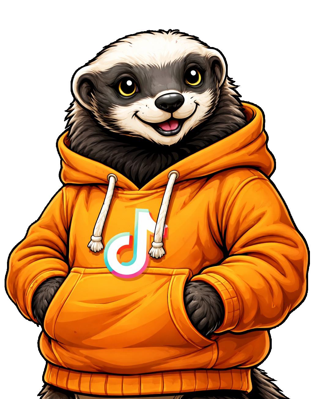 Cartoon sloth wearing an orange TikTok hoodie with hands in the pockets.