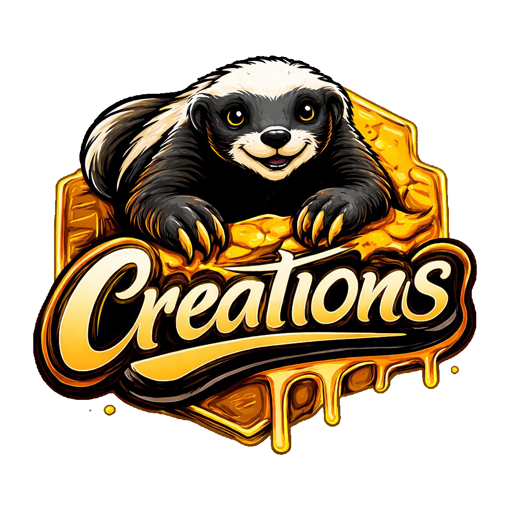 A cartoon sloth with a happy expression holding a large honeycomb piece with the word "Creations" written in stylized gold and white text.