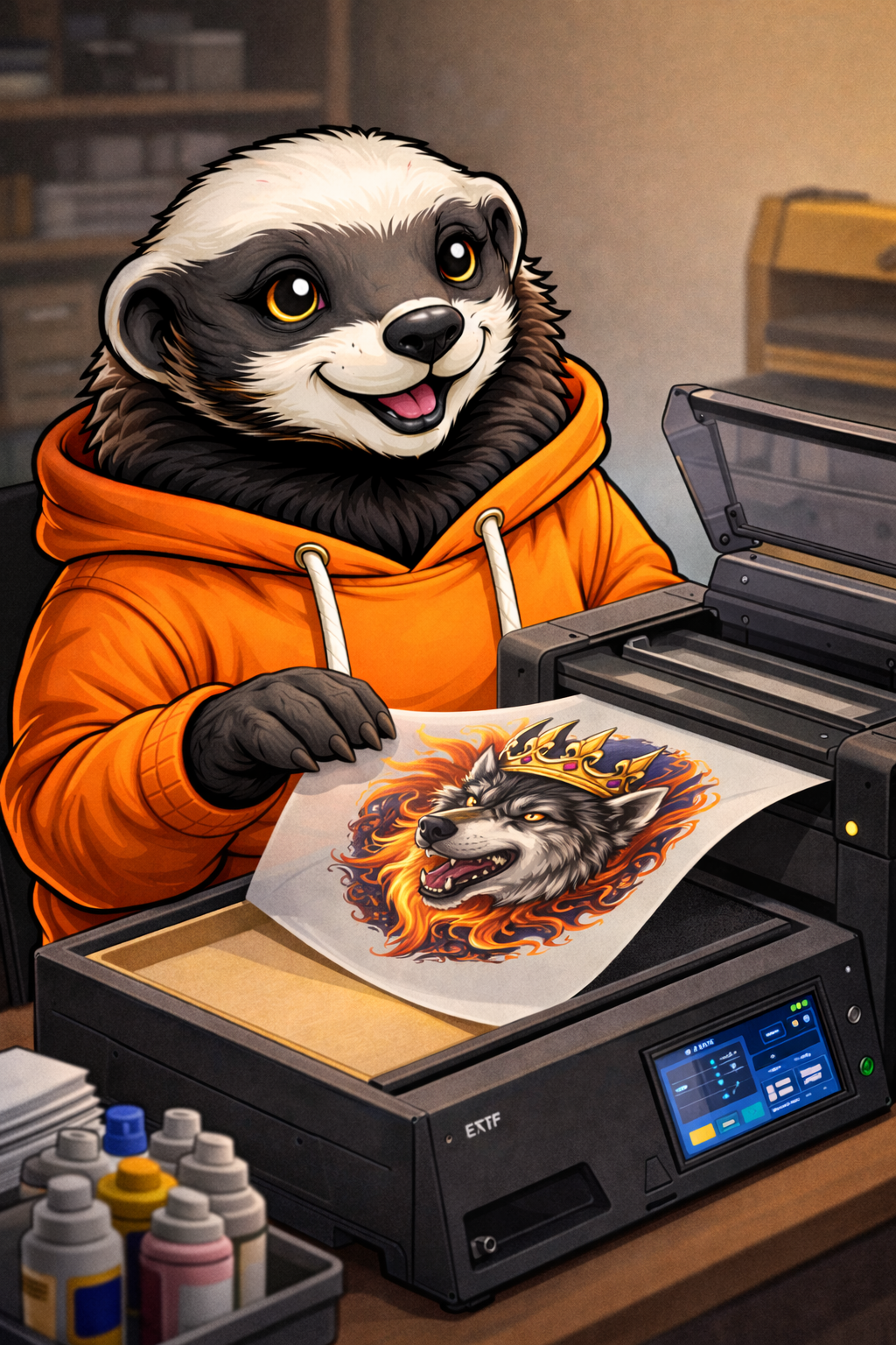 A cartoon-style anthropomorphic raccoon with orange eyes wearing an orange hoodie, printing an image of a wolf with a crown and fiery mane at a print shop.