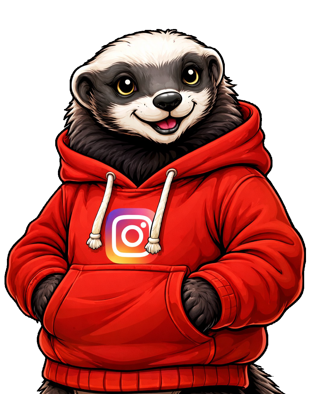 Animated ferret character with big eyes and a cheerful expression, wearing a red hoodie with a white Instagram logo on the front.