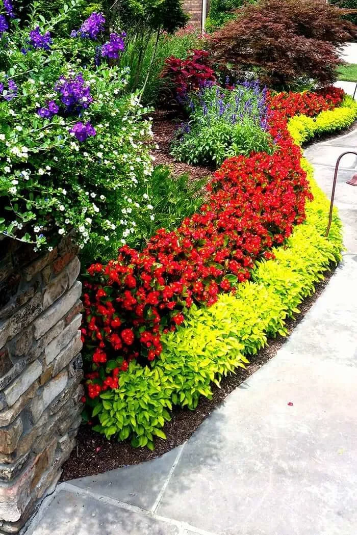 Colorful flower garden with red, purple, and white flowers along a paved walkway, with a stone wall and lush green foliage.