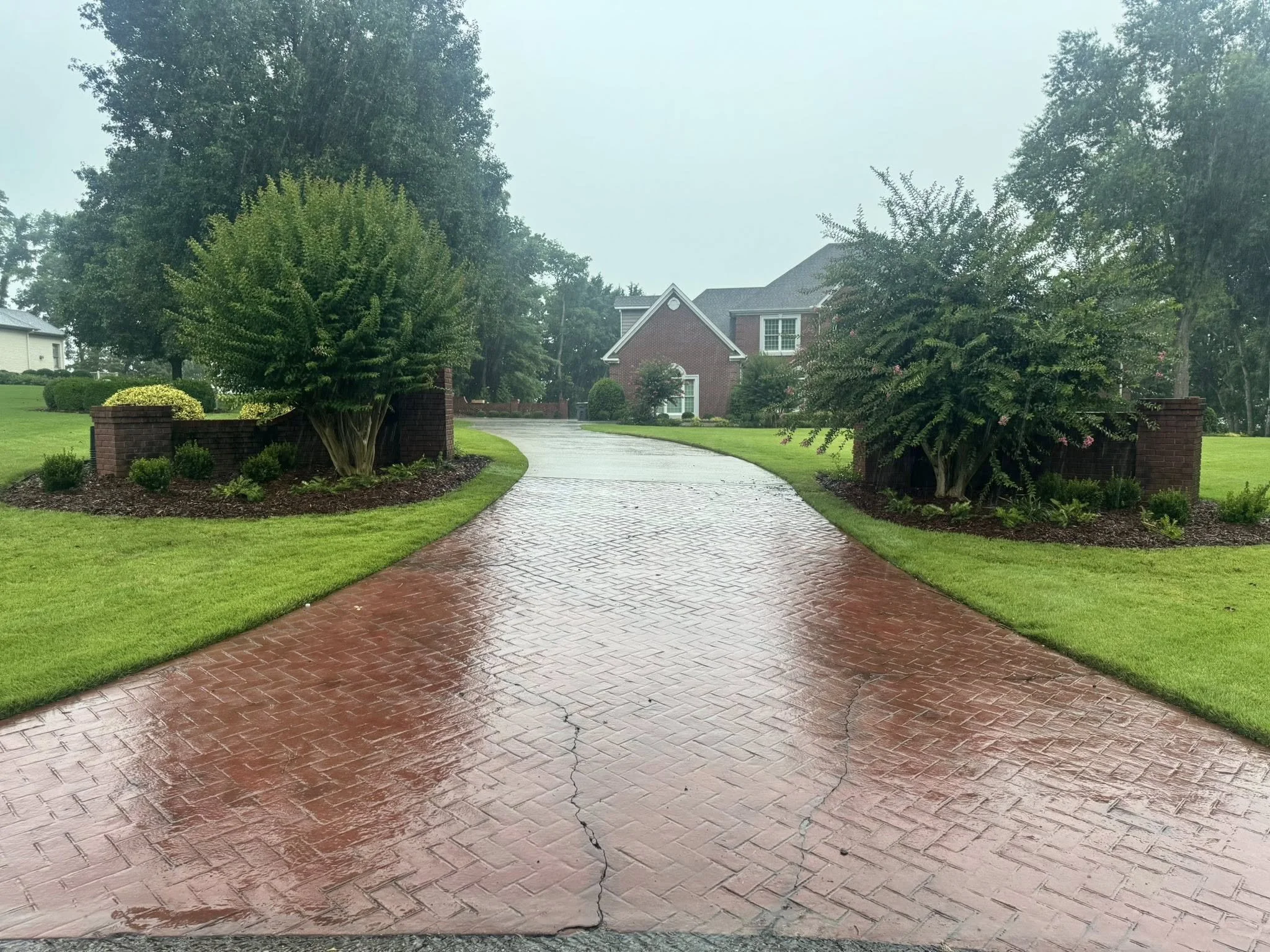 Wet brick driveway leading to a house, flanked by landscaped bushes and trees, on a rainy day.