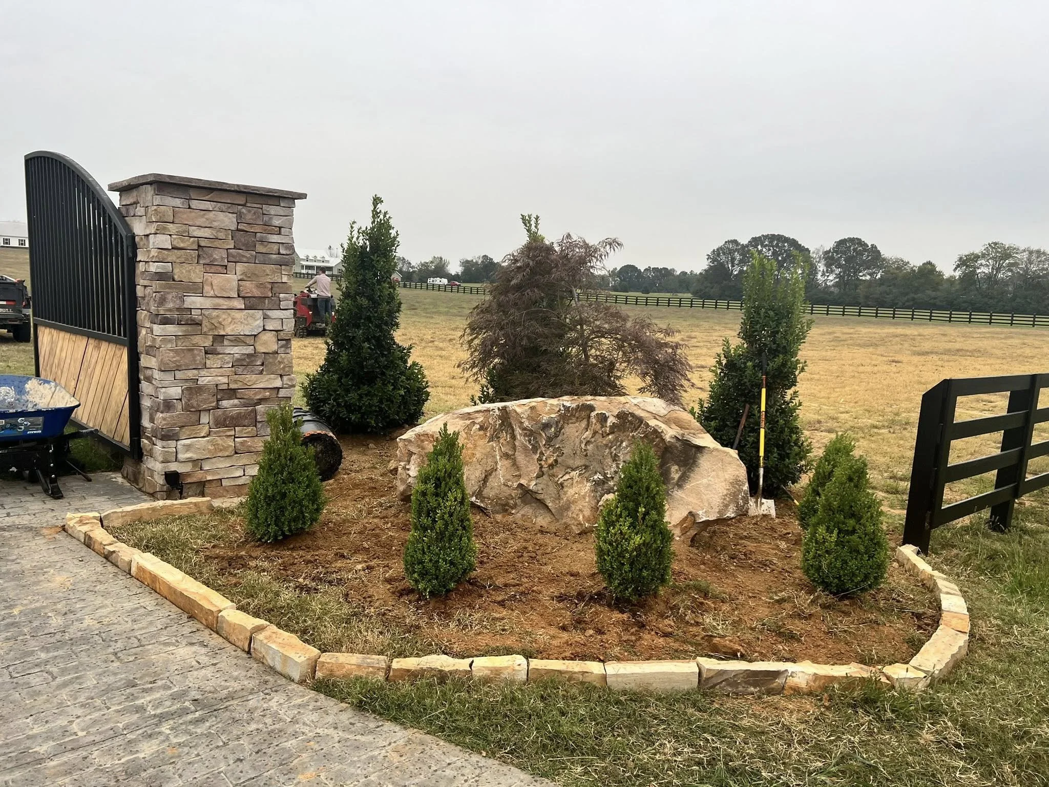Newly landscaped garden bed with small green shrubs, a large rock, trees, and a stone and metal fence in a rural area.