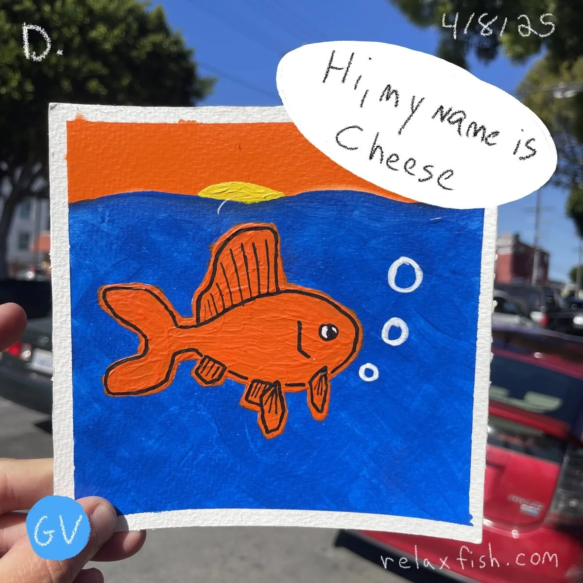 Colorful drawing of an orange fish with fins swimming in blue water with a sunset in the background. A speech bubble says "Hi, my name is Chease," and text in the top right corner reads "4/8/25." The bottom right corner has the website "relaxfish.com
