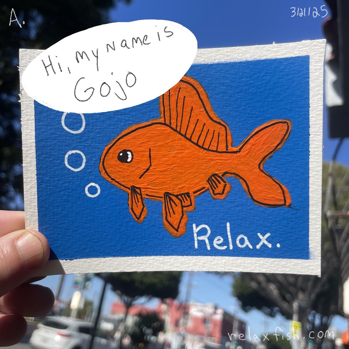 Colorfully illustrated orange fish with black outlines on a blue background, with speech bubble saying 'Hi, my name is Gojō', and the word 'Relax' written below.