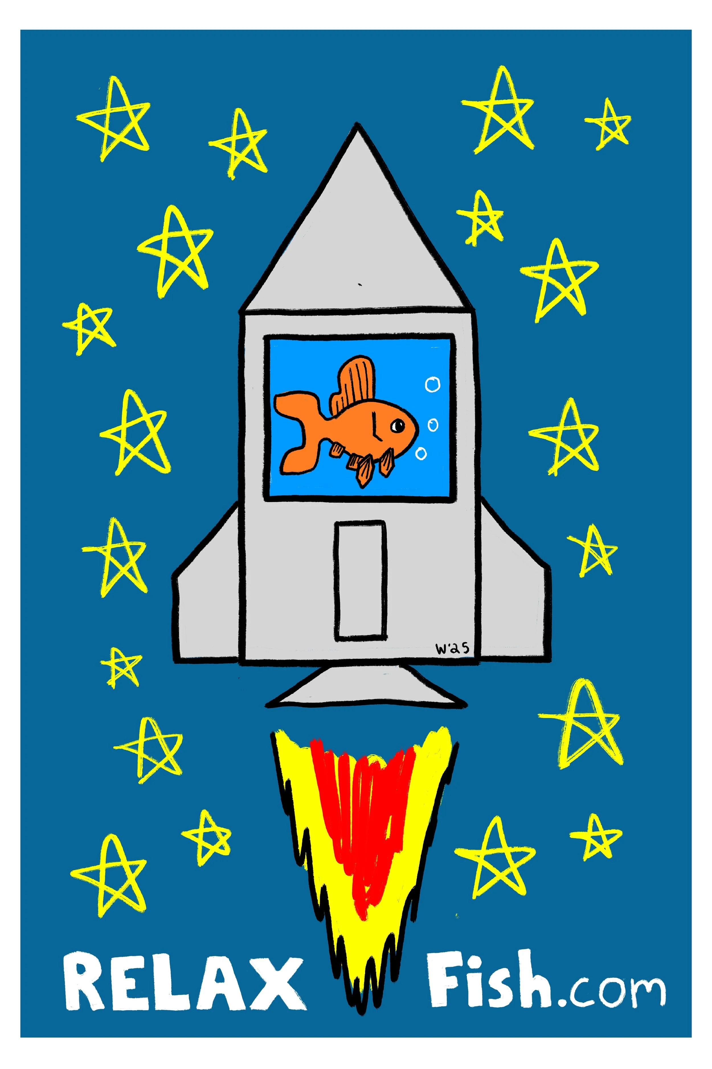 A drawing of a rocket with a fishbowl on top containing an orange fish. The background is dark blue with yellow stars. The text at the bottom reads "RELAX Fish.com" with a fiery trail coming out of the rocket.
