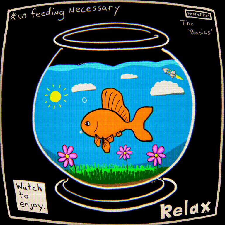 Colorful illustration of a fishbowl with a goldfish, pink flowers, grass, a sun, clouds, and a small spaceship, with text emphasizing relaxation and enjoyment.
