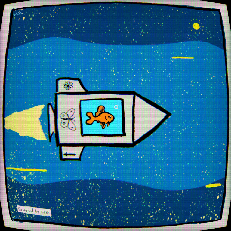 Drawing of a spaceship with a fish graphic on the front, flying through space with stars and planets in the background.