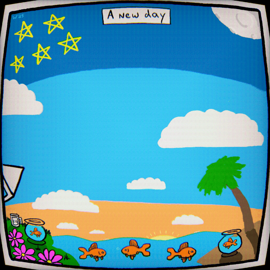 Children's drawing of a sunny day at the beach with a clear sky, clouds, a palm tree, fish in a pond, stars, and the caption "A new day."