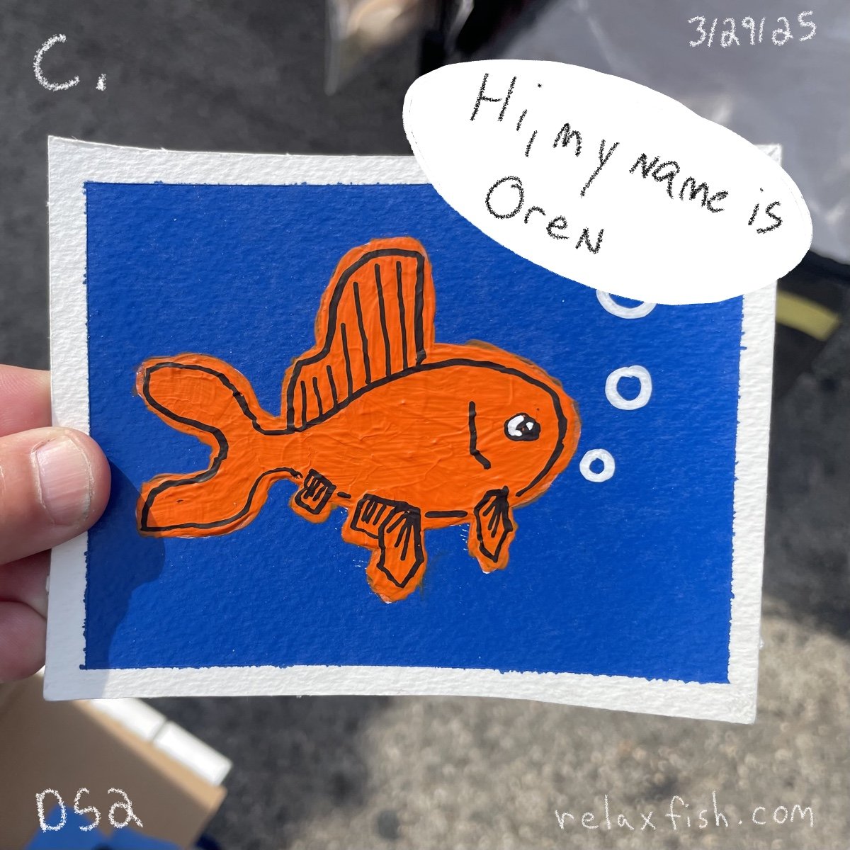 Colorful drawing of an orange fish with a striped fin, set against a blue background, with a speech bubble saying, "Hi, my name is OPEN."