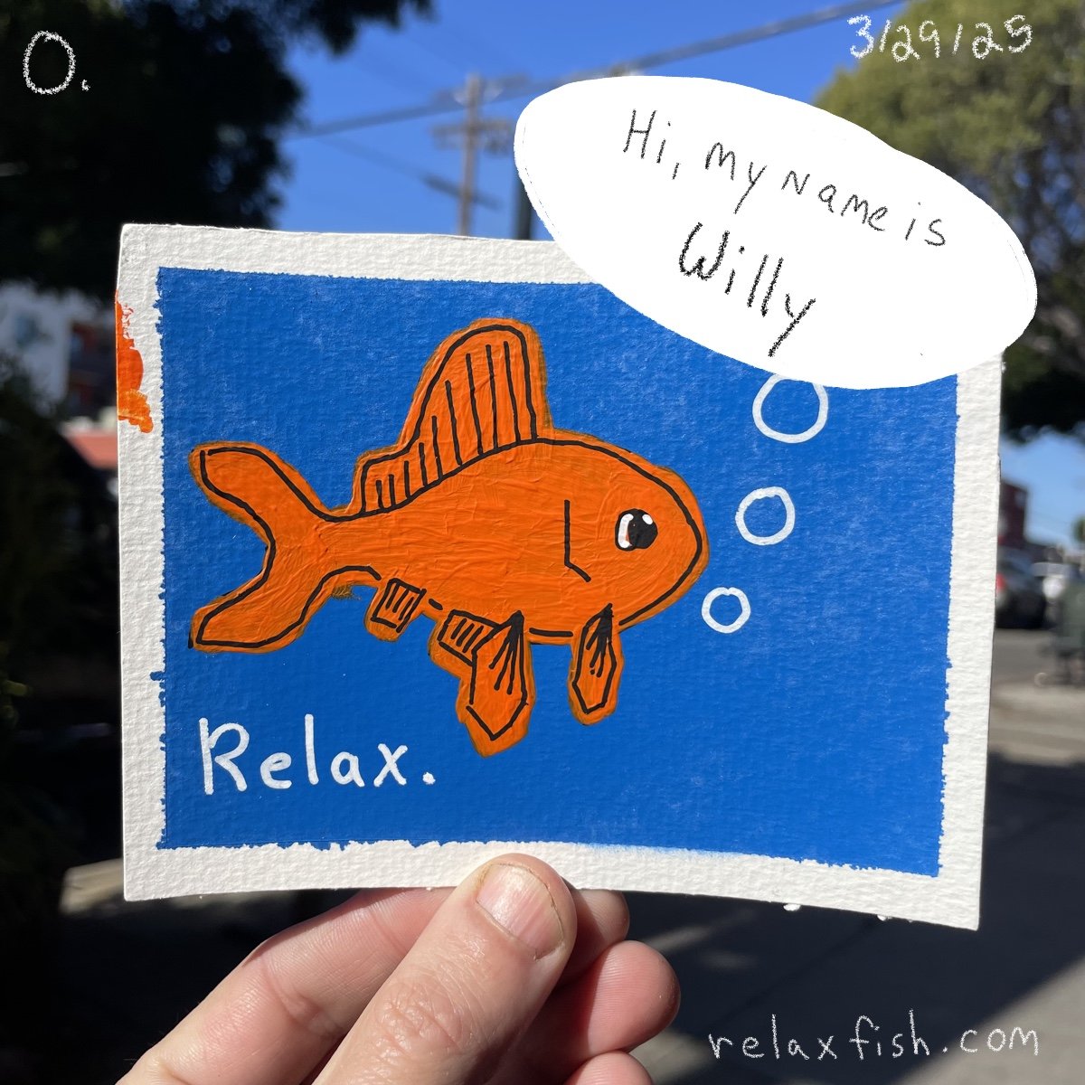 Colorful illustration of an orange fish with large eyes, swimming with bubbles in a blue background. A speech bubble reads, 'Hi, my name is Willy.' The word 'Relax' is written at the bottom, and the website relaxfish.com is at the bottom right corner