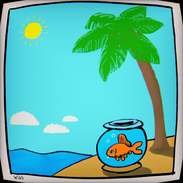 A cartoon scene of a sunny day on a tropical island with a palm tree, blue sky, and a fishbowl with a goldfish on the ground near the water.
