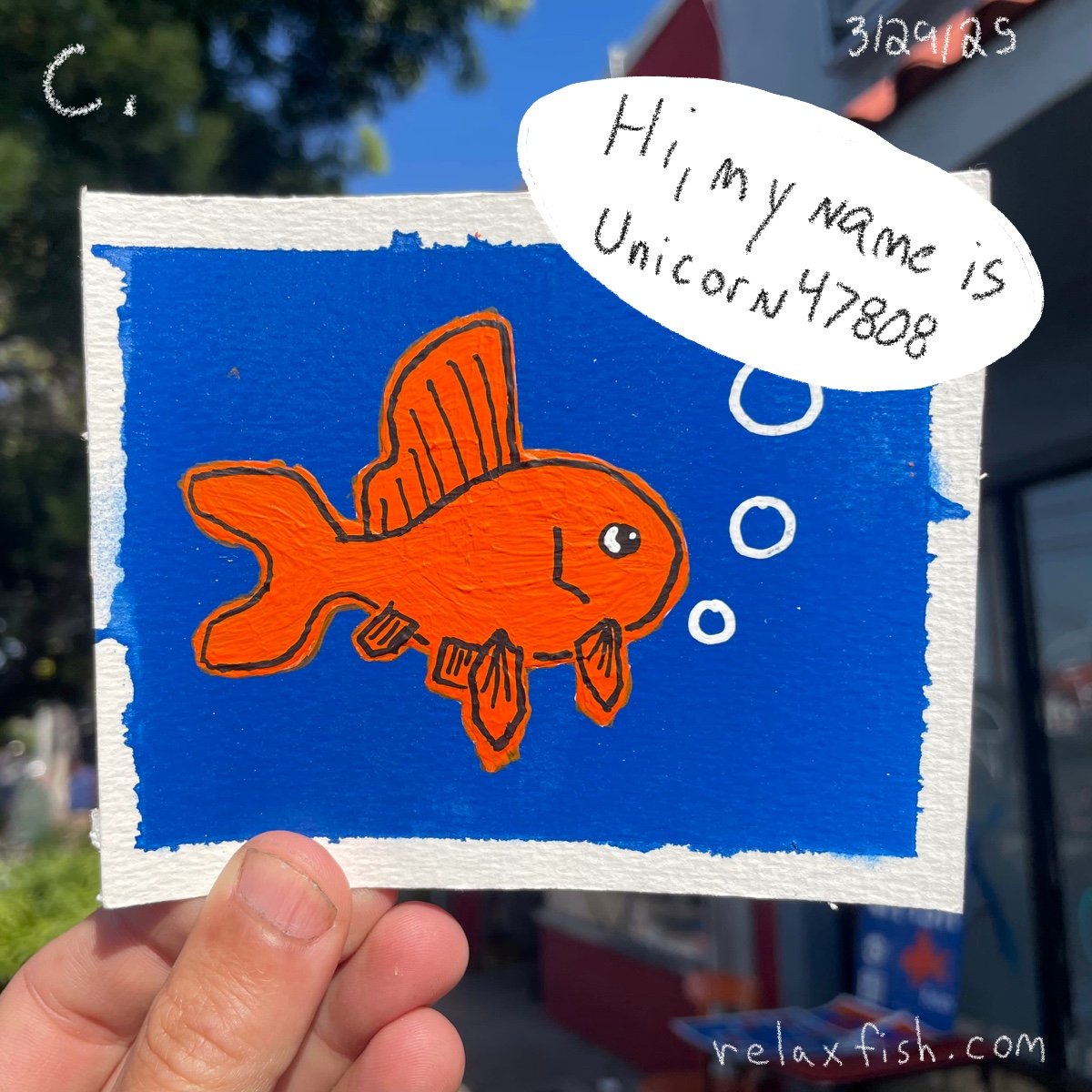 Illustration of an orange fish with black outlines and a black eye, on a blue background with white bubbles. Handwritten text in a speech bubble says, "Hi, my name is unicorn47808." There is additional text on the top right corner, "3/29/23," and a w