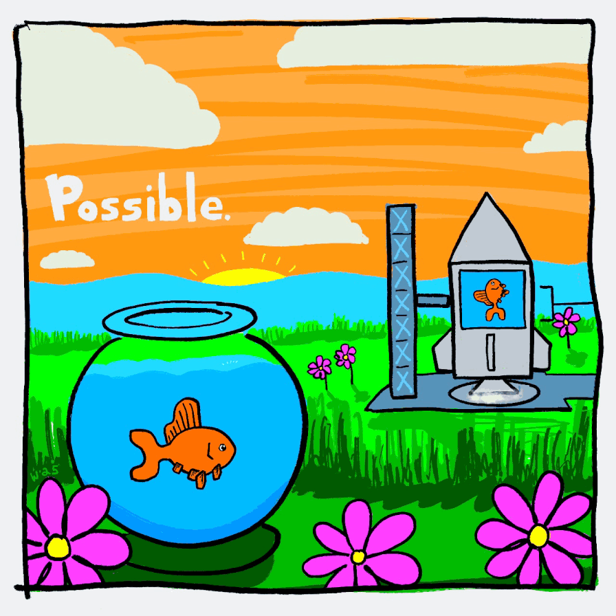 Colorful cartoon scene with a sunset, pink flowers, a fish in a bowl, human-like fish in a rocket, and the word 'Possible' written in white text.