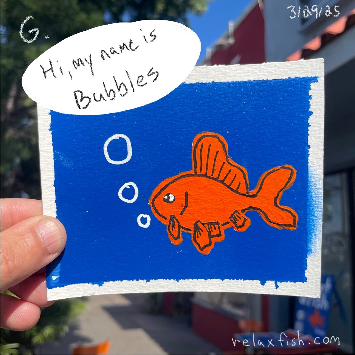 Drawn orange fish with black outlines swimming in blue background, with white bubbles, and a speech bubble that says, 'Hi, my name is Bubbles.'
