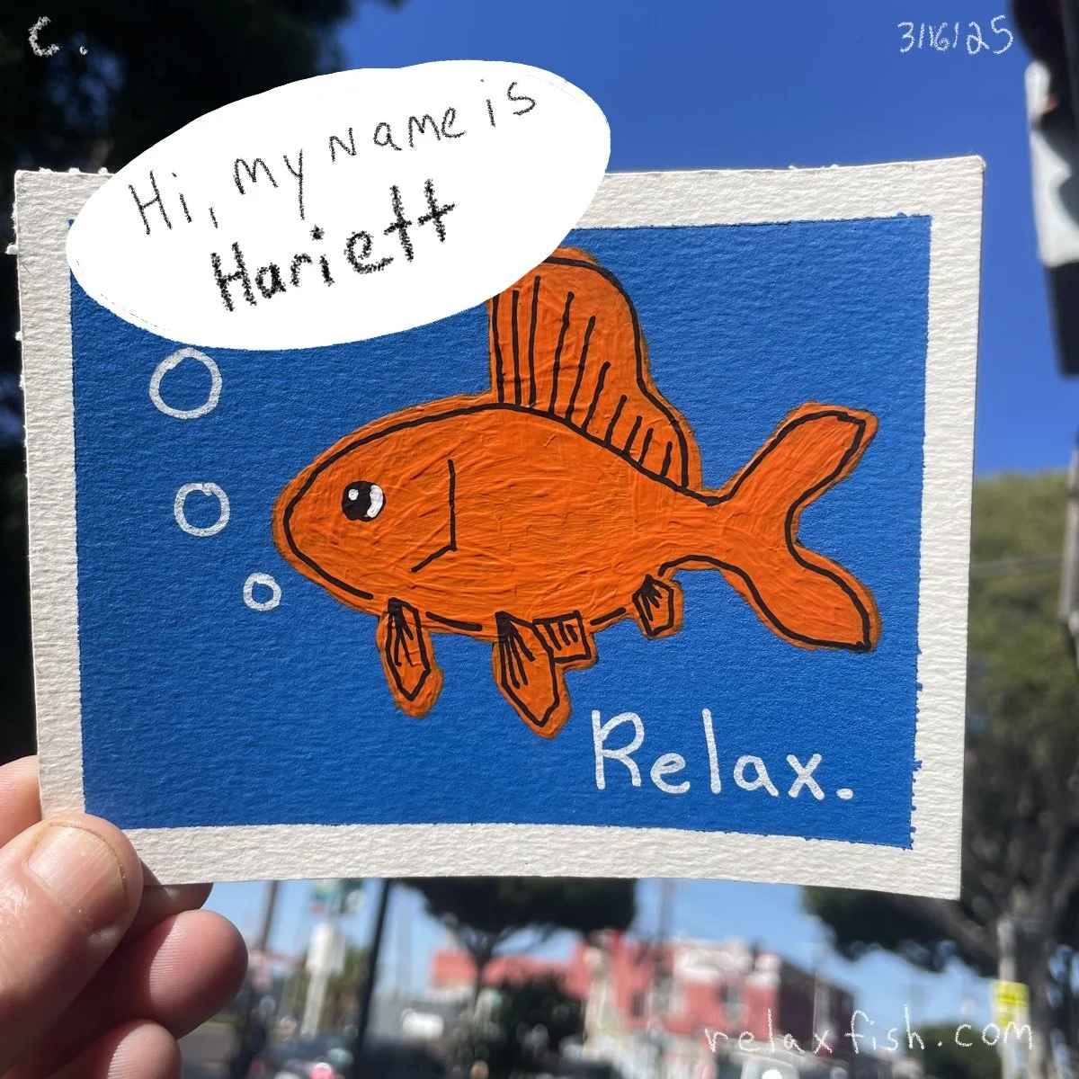Drawing of an orange fish with black outlines and bubbles against a blue background, with the words "Relax" and a speech bubble that says "Hi, my name is Harriet."