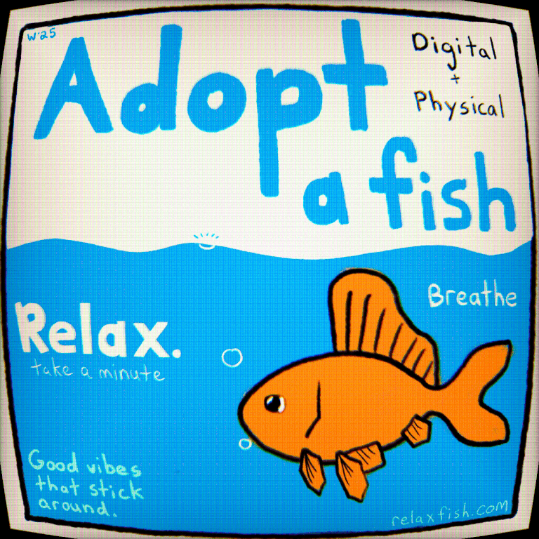 A colorful sign encouraging adopting a digital and physical fish, promoting relaxation and breathing, with a cartoon orange fish and aquatic themes.