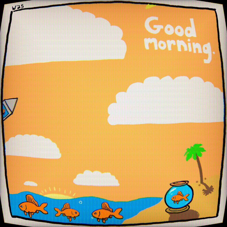 Cartoon illustration of a beach scene with an orange sunset, fish in the water, a palm tree, a fishbowl with a fish, and a paper airplane in the sky. The text 'Good morning.' is in the upper right corner.