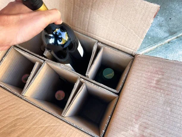 Hand placing a wine bottle into a cardboard shipping box with compartment dividers for multiple bottles.