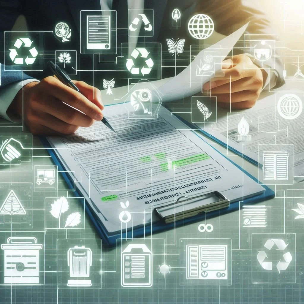 Persona firmando un documento en una mesa con íconos digitales relacionados con el medio ambiente y la sostenibilidad superpuestos en la imagen.