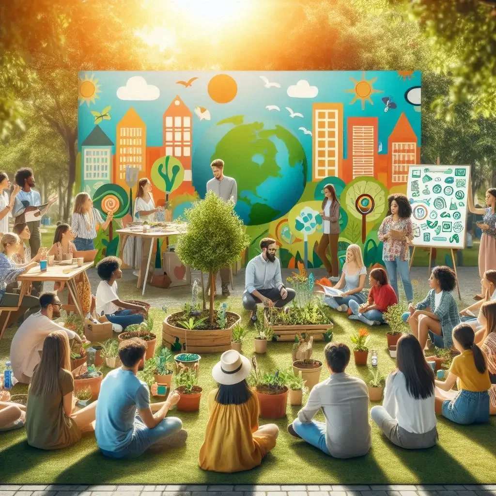 Una reunión en un parque con muchas personas, niños y adultos, participando en actividades relacionadas con el medio ambiente. En el fondo hay un mural colorido con un planeta Tierra, edificios, árboles, pájaros y el sol, promoviendo la ecología y la sustentabilidad.