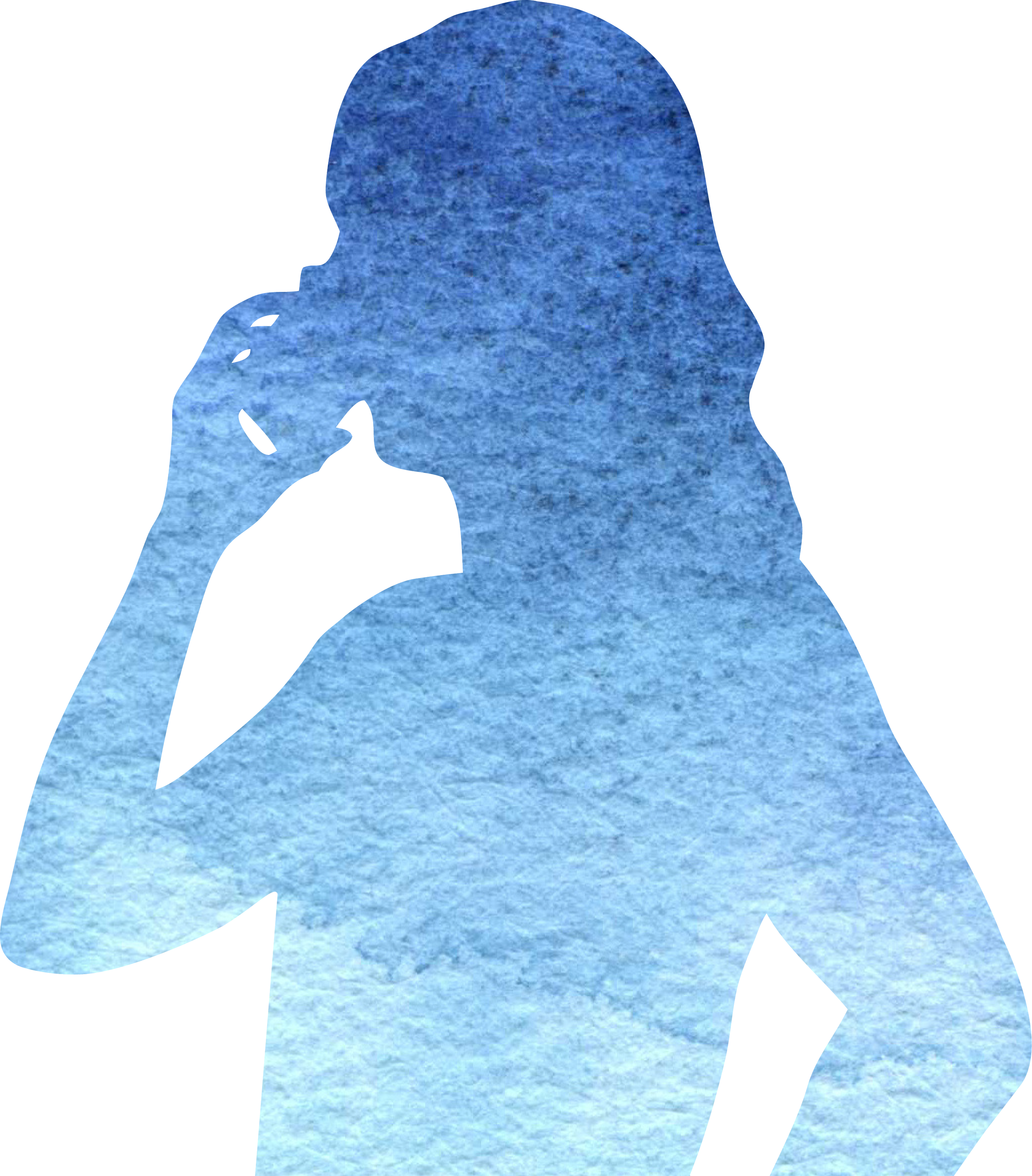 Silhouette of a woman with long hair, holding a phone to her ear, with a textured blue background.