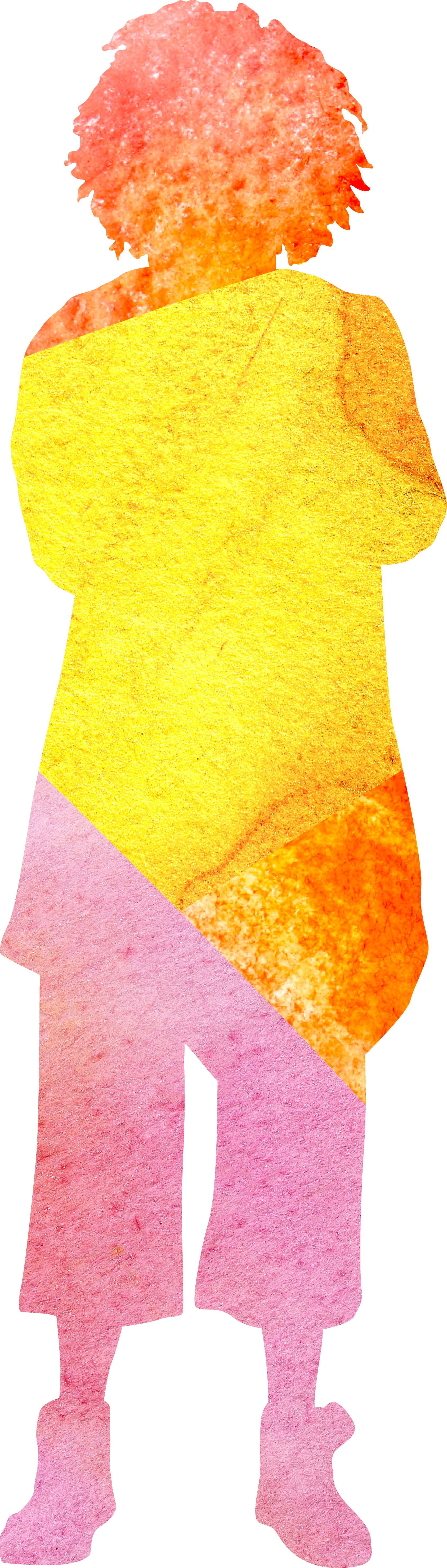 Abstract colorful illustration of a woman with pink hair, in a yellow dress, standing with arms crossed.