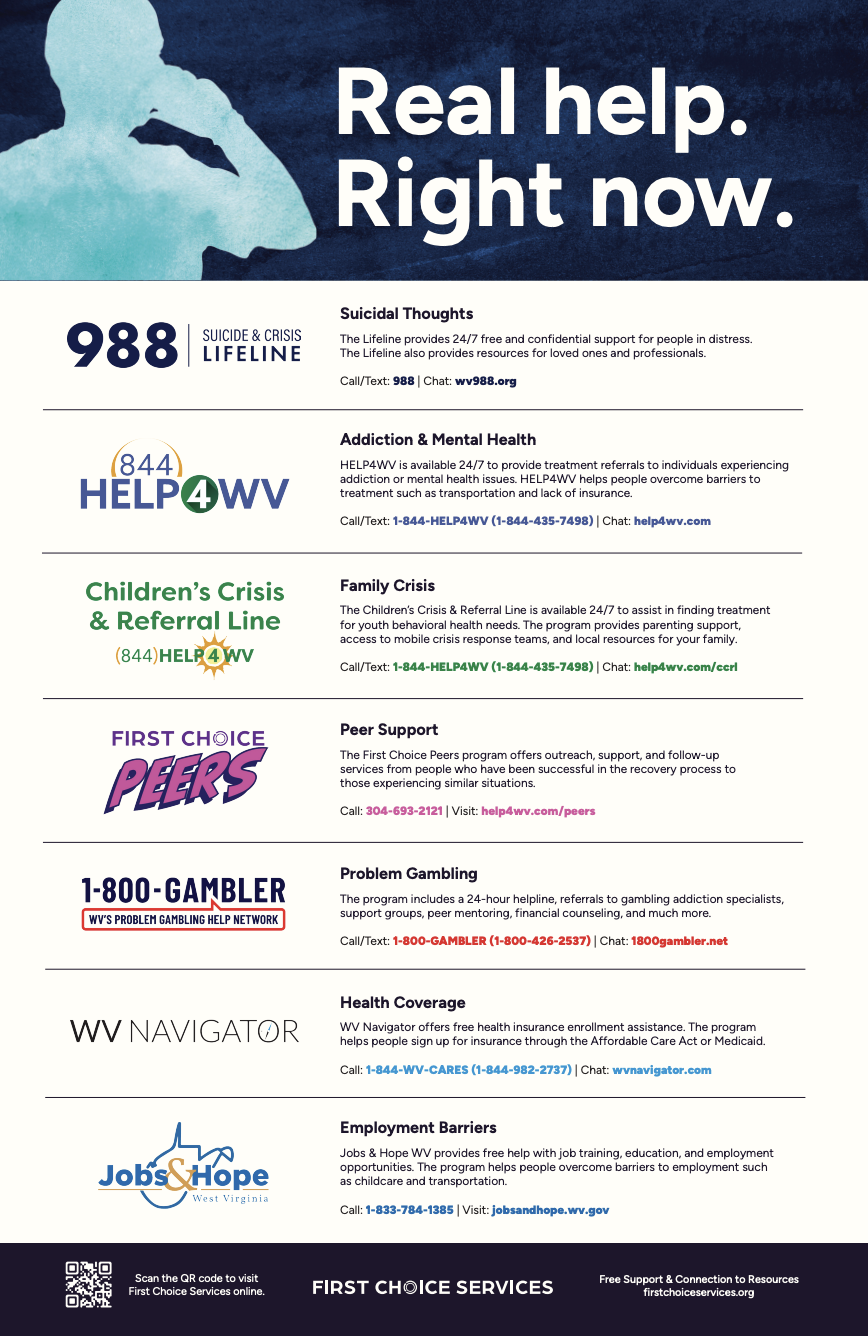 A flyer for First Choice Services providing resources and contact information. 