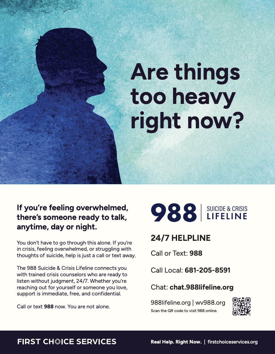 A flyer for 988 Suicide & Crisis Lifeline providing resources and contact information. 