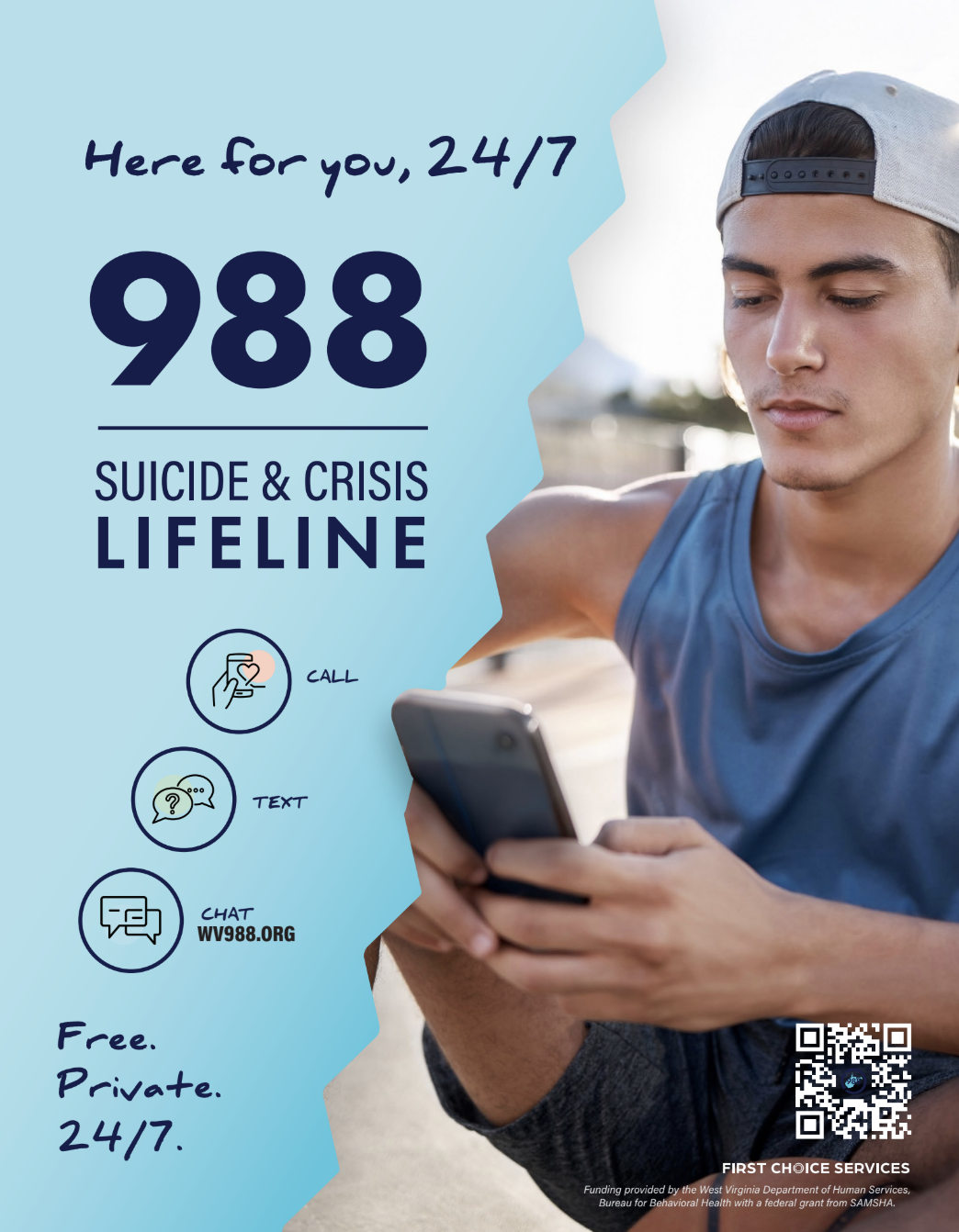 A young man in a blue tank top and baseball cap looking at his phone outdoors. On the left side, a blue overlay shows the text, 'Here for you, 24/7, 988, suicide & crisis lifeline' with icons for call, text, and chat, along with a website URL. The bottom of the overlay mentions free, private, and 24/7 support, with a QR code and note about funding from West Virginia Department of Human Services.