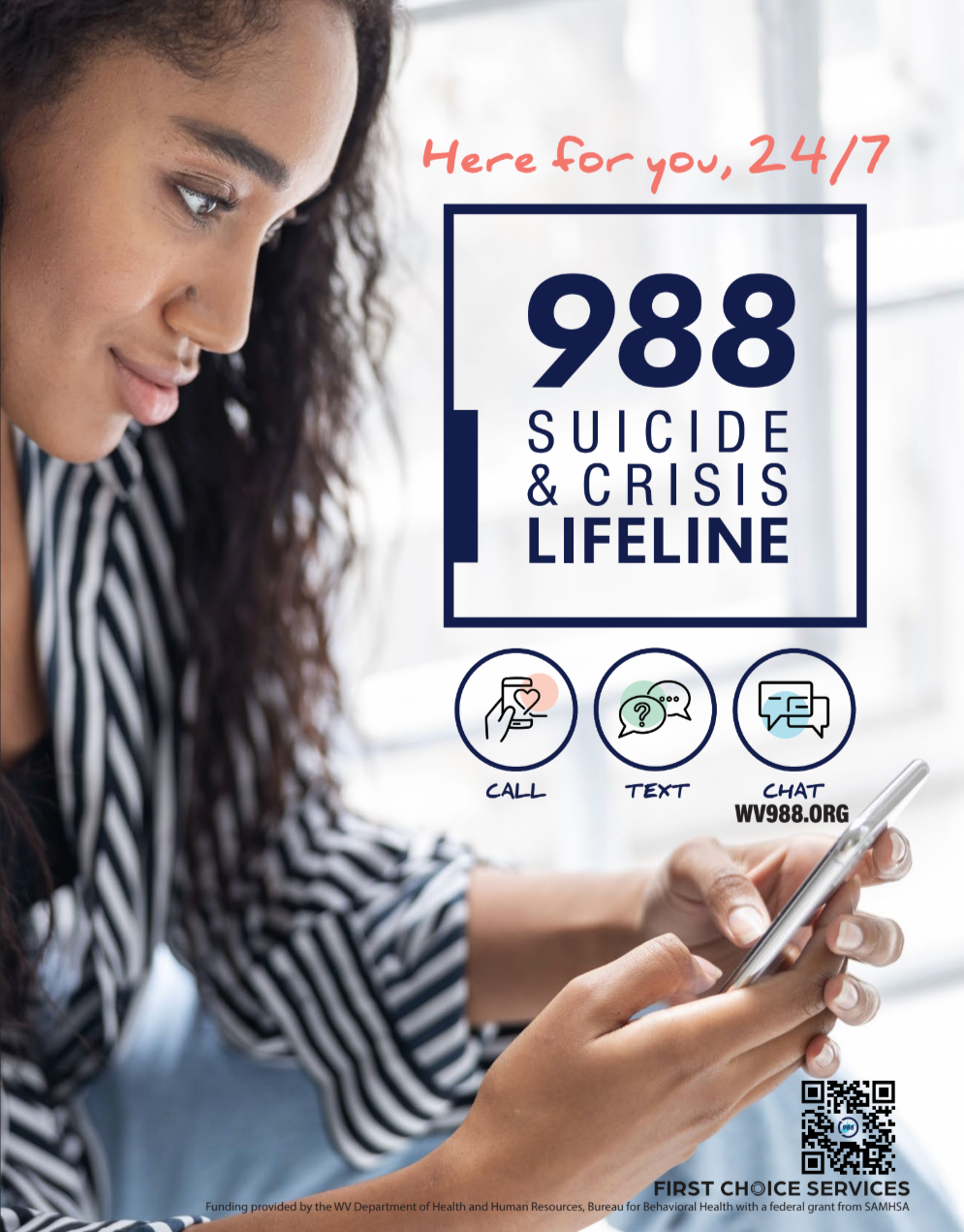 A woman with curly hair in a striped shirt looking at her smartphone, promoting a 988 suicide and crisis lifeline with options to call, text, or chat, and a QR code.