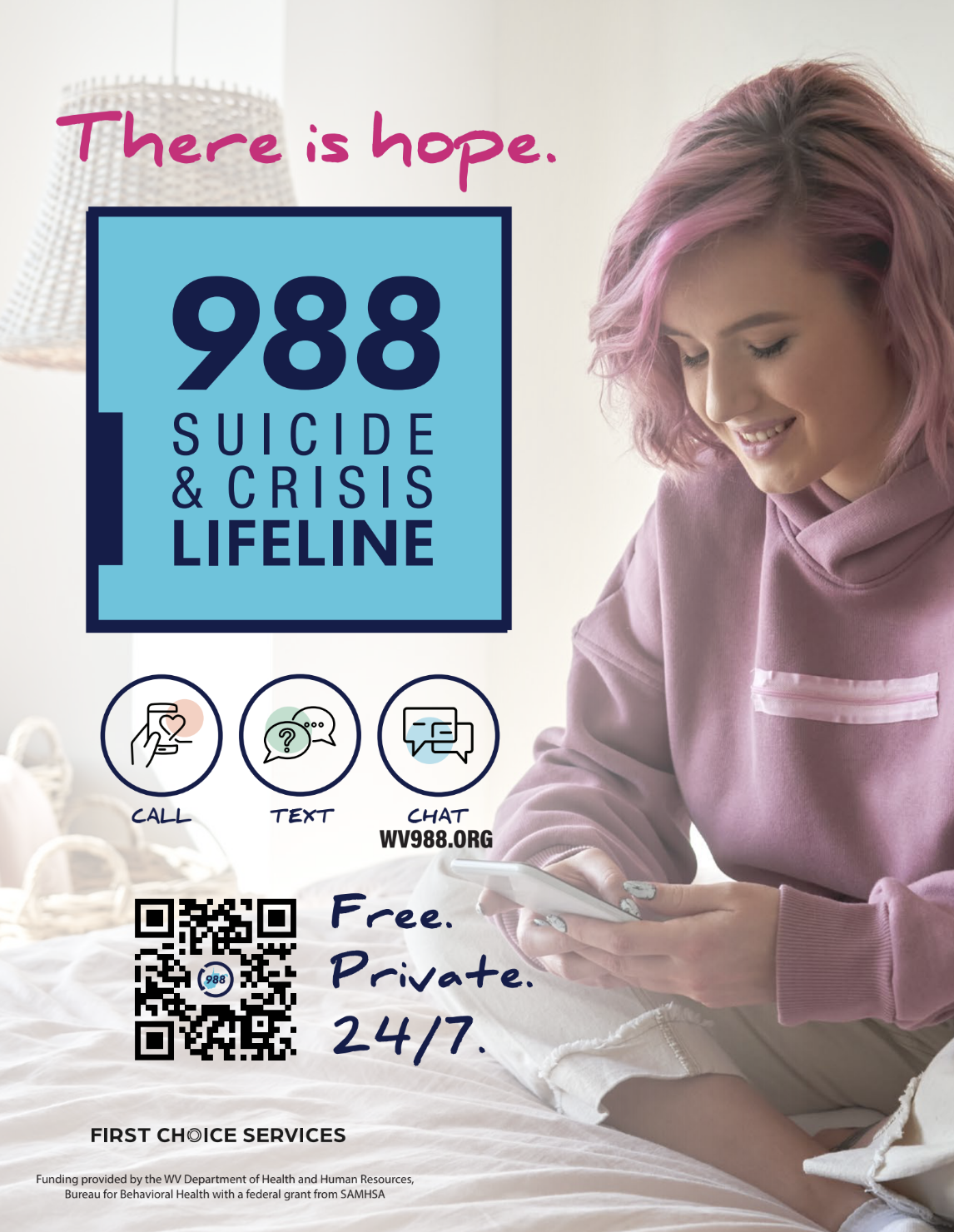 A young woman with styled pink hair smiling as she looks at her phone in a softly lit room, promoting a suicide and crisis lifeline with contact information, a QR code, and icons for call, text, and chat support.