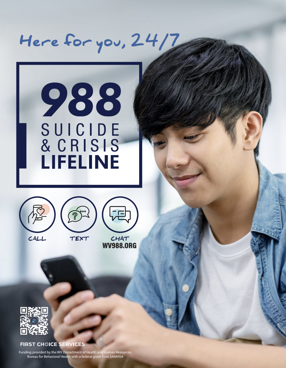 A young man with dark hair smiling and looking at his smartphone, promotional poster for 988 Suicide & Crisis Lifeline showing contact options like call, text, and chat, along with the website WV988.ORG and a QR code.