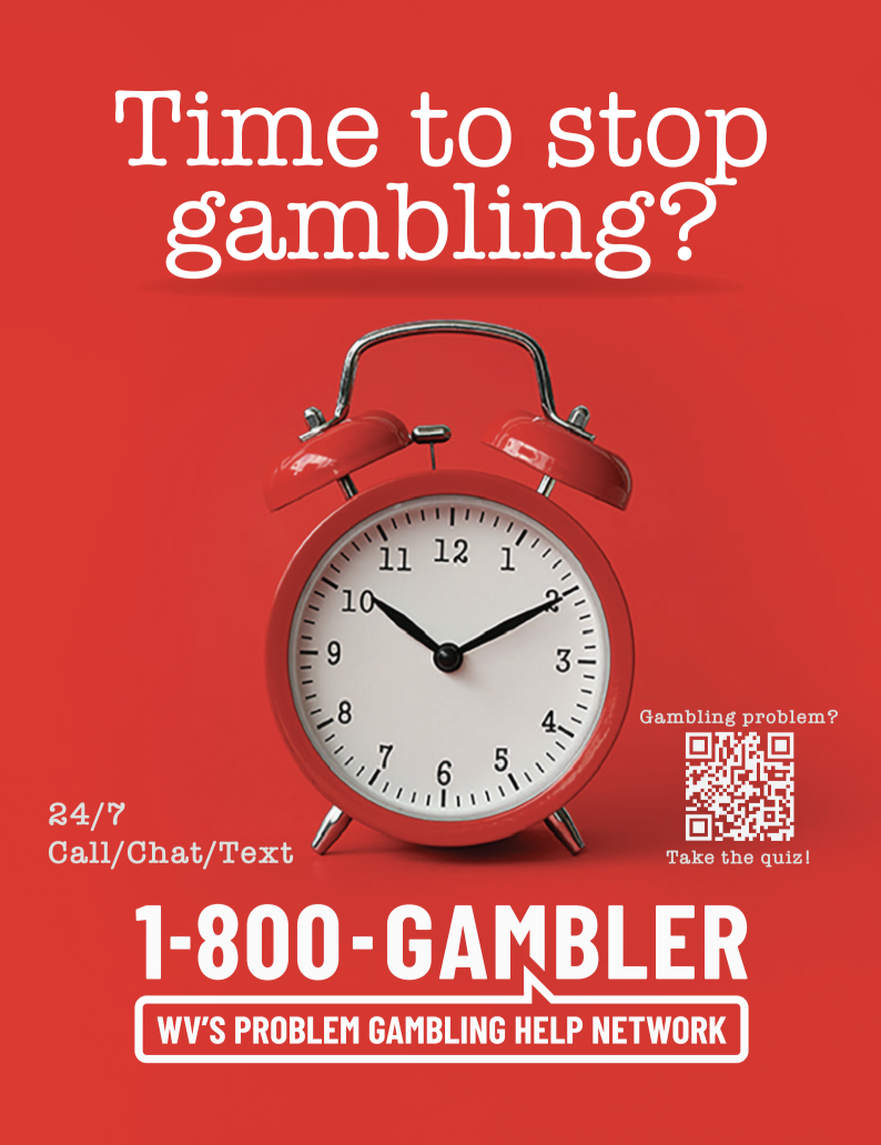 A red background with white text reading 'Time to stop gambling?' and a red alarm clock showing 10:10. Contact information and a QR code for gambling help are included.