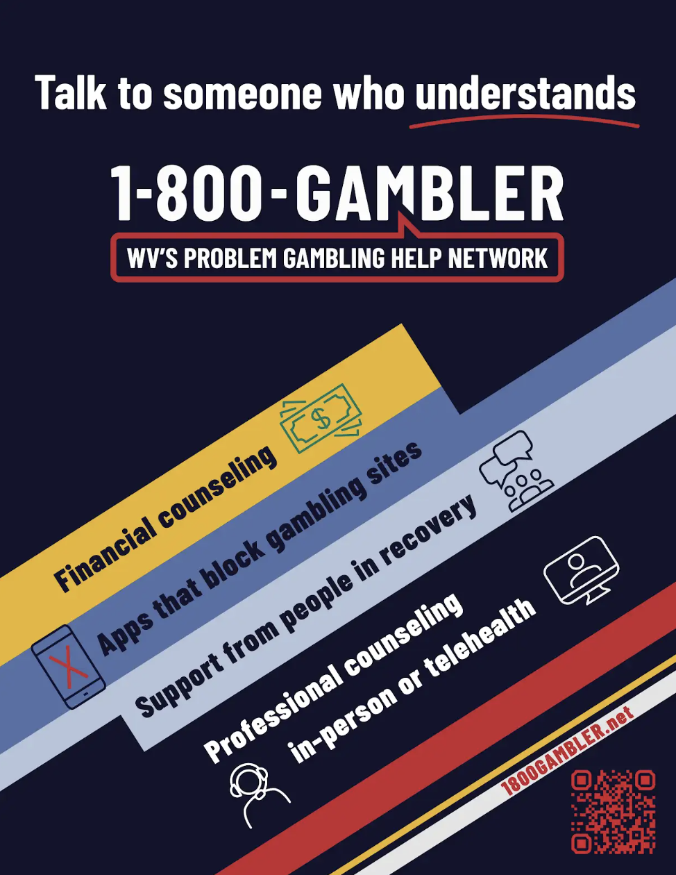 A promotional poster for the 1-800-GAMBLER helpline, with resources for problem gambling support including financial counseling, apps blocking gambling sites, support from recovery people, and professional counseling available in person or via telehealth.